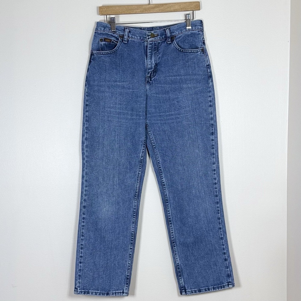 Vintage Lee Womens Straight Tapered Jeans Size 6P Blue High Rise Cotton 90s Mom